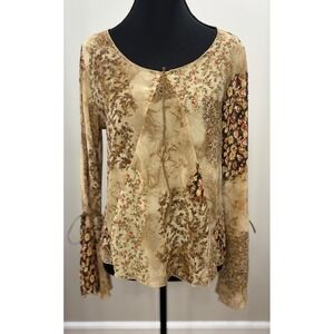 Vtg Y2K‎ Womens L (M?) Sheer Top Brown Floral Fairy Bell Sleeves Boho Hippie